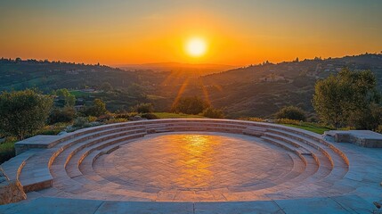 Fototapeta premium A tranquil sunset scene at an amphitheatre overlooking a valley, with the seating made of smooth stone and the stage set against a backdrop of rolling hills. The setting sun casts a golden light over