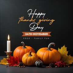 Happy thanks giving day message November greeting social media post pumkin autumn leaves candles