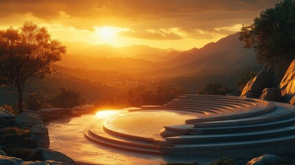 Fototapeta premium A tranquil sunset scene at an amphitheatre overlooking a valley, with the seating made of smooth stone and the stage set against a backdrop of rolling hills. The setting sun casts a golden light over