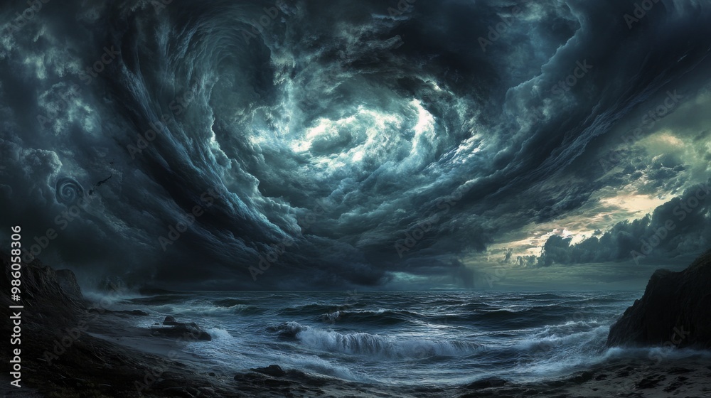 Poster a coastal landscape with dark, ominous clouds and swirling storm systems overhead, illustrating the 