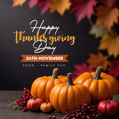 Happy thanks giving day message November greeting social media post pumkin autumn leaves candles