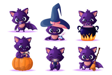 Cute bat character doing various Halloween activities in a vector set