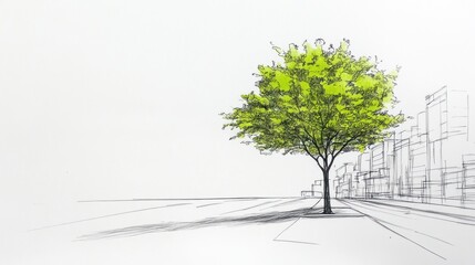 Obraz premium A sketch of a solitary tree amidst a minimalist urban backdrop.