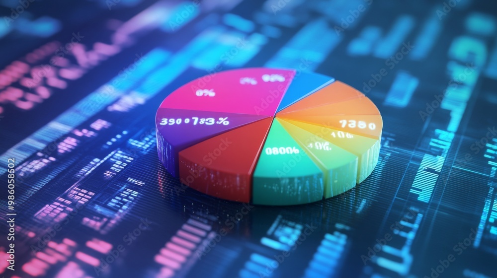 Poster a colorful 3d pie chart with distinct segments, each representing different financial data, floating