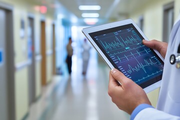 Modern medical monitoring equipment with data analysis on screen in a hospital or clinic setting.