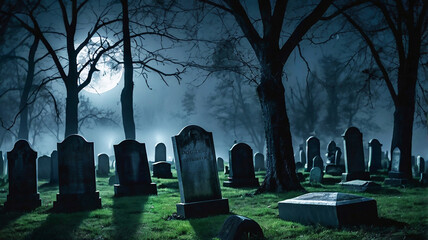 A spooky, foggy night in a haunted graveyard, with a full moon casting eerie shadows on the tombstones