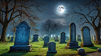 A spooky, foggy night in a haunted graveyard, with a full moon casting eerie shadows on the tombstones