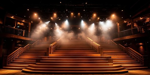 A grand wooden staircase ascends into a hazy spotlight, suggesting an anticipation for a performance or a momentous occasion