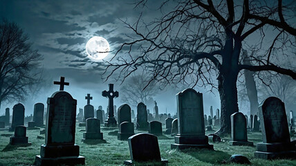 A spooky, foggy night in a haunted graveyard, with a full moon casting eerie shadows on the tombstones
