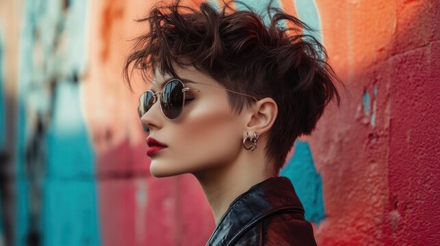 Cool woman with short hair and sunglasses standing in front of a graffiti wall.