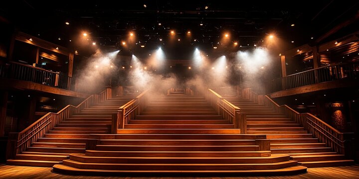 A grand wooden staircase ascends into a hazy spotlight, suggesting an anticipation for a performance or a momentous occasion