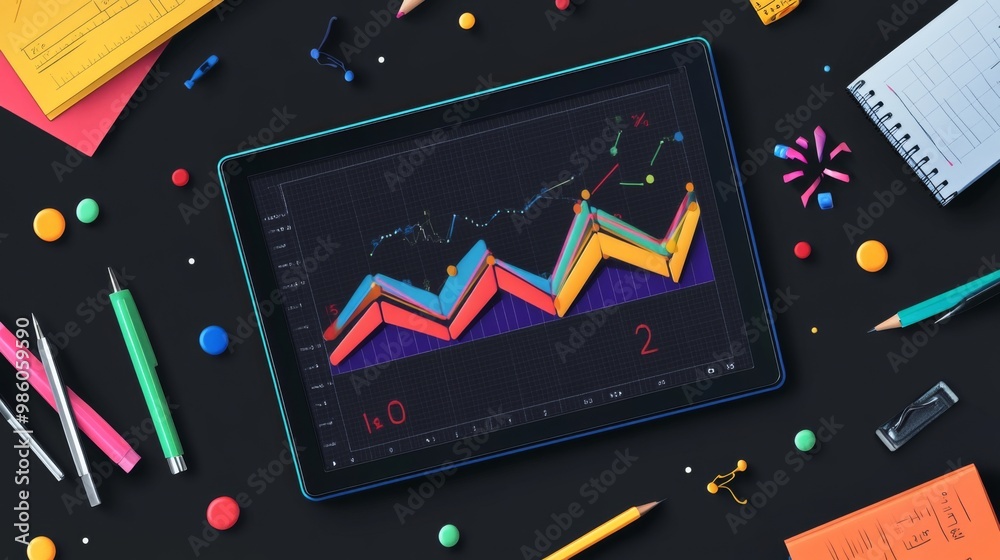 Poster A colorful financial line graph on a tablet screen, with various data points showing trends and changes in market dynamics, surrounded by office supplies.