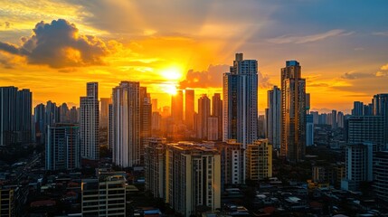 Fototapeta premium Cityscape with golden sunset over skyscrapers.