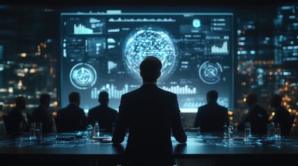 Futuristic AI Technology Pitch in Boardroom Meeting with Dynamic Visuals of Algorithms and Growth Projections