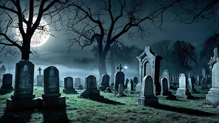 A spooky, foggy night in a haunted graveyard, with a full moon casting eerie shadows on the tombstones