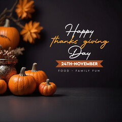 Happy thanks giving day message November greeting social media post pumkin autumn leaves candles