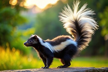 A silhouette of a skunk stands tall, its black and white striped tail held high, a defiant gesture against the darkening sky.