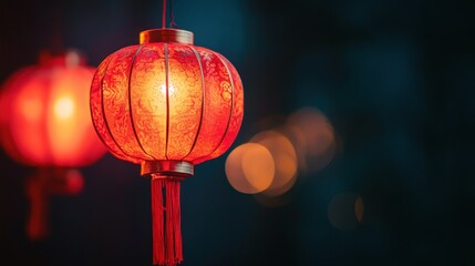 Illuminated red paper lantern with tassels hanging in front of dark blurred background.