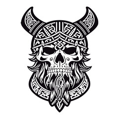 Vector illustration of a Viking head skull with horned helmet, perfect for a t-shirt, tattoo, or logo design. Nordic Scandinavian warrior. Design template set apart on a white backdrop
