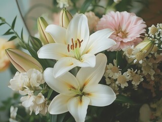 Fototapeta premium A bouquet of lilies arranged beautifully with other soft-colored flowers