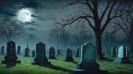 A spooky, foggy night in a haunted graveyard, with a full moon casting eerie shadows on the tombstones