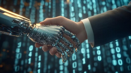Businessman and robot handshake about tech innovation, machine learning progress and partnership with future Artificial General Intelligence