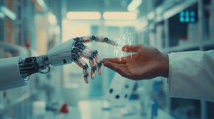 Artificial intelligence robot finger touching to human finger about tech innovation, machine learning progress and partnership with future