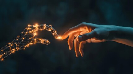 Artificial intelligence robot finger touching to human finger about tech innovation, machine learning progress and partnership with future