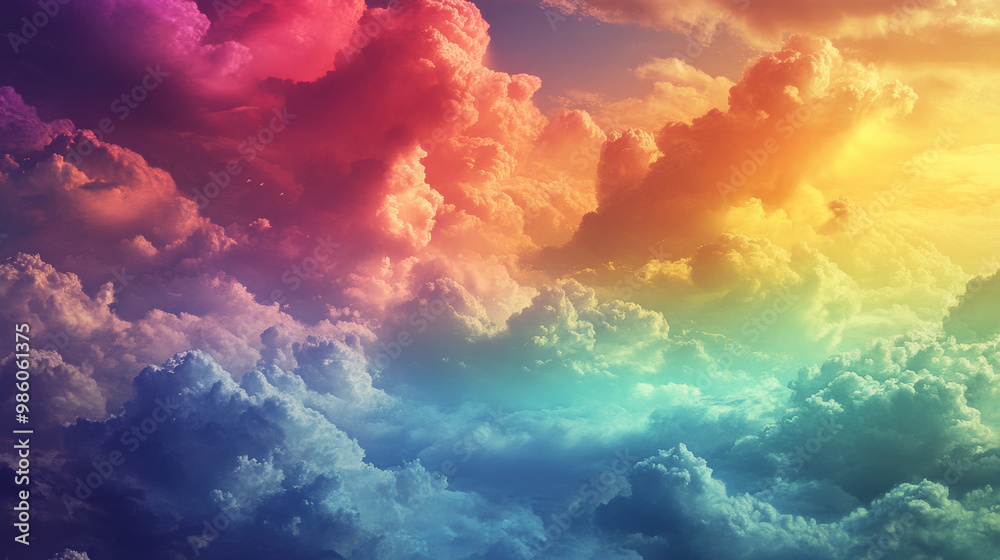 Wall mural brightly colored clouds floating over dreamlike landscape create surreal and enchanting atmosphere. 