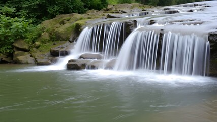 Obraz premium A serene waterfall cascading into a calm pool, surrounded by lush greenery.