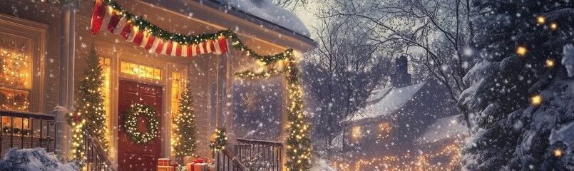 A cozy holiday scene featuring a decorated house, snow, and joyful people celebrating Christmas in a winter wonderland.