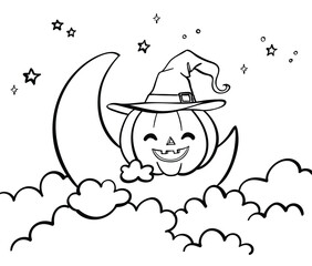 Cute Halloween Pumpkin on a dreamy moon printable coloring page