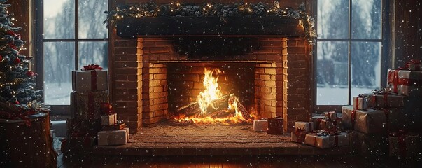 Fototapeta premium A warm fireplace scene adorned with holiday decorations and gifts, perfect for capturing the cozy spirit of winter celebrations.