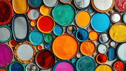 A vibrant mosaic of colorful wall mirrors in various shapes and sizes, arranged in a playful pattern to add whimsy and functionality to a room's decor.