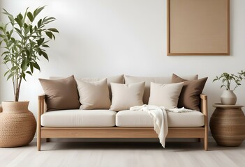 A modern, minimalist living room with a beige sofa, wooden frame, and decorative plants in the background.