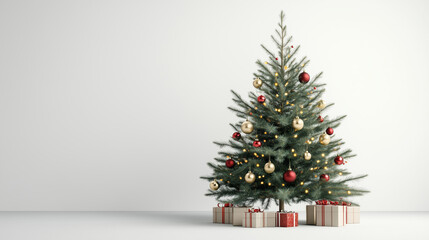 Decorated Christmas tree with gifts on a minimal white background – perfect for holiday promotions and seasonal articles