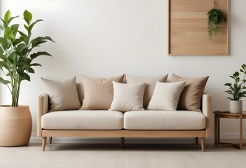 A modern, minimalist living room with a beige sofa, wooden frame, and decorative plants in the background.