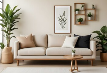 A modern, minimalist living room with a beige sofa, wooden frame, and decorative plants in the background.