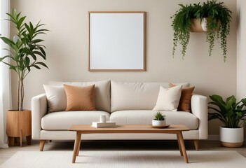 A modern, minimalist living room with a beige sofa, wooden frame, and decorative plants in the background.