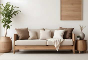 Naklejka premium A modern, minimalist living room with a beige sofa, wooden frame, and decorative plants in the background.