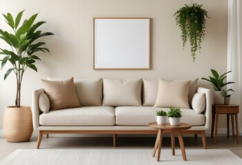 A modern, minimalist living room with a beige sofa, wooden frame, and decorative plants in the background.
