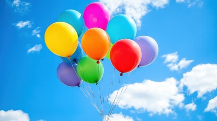 Obraz premium Colorful Balloons against a blue sky with white clouds.