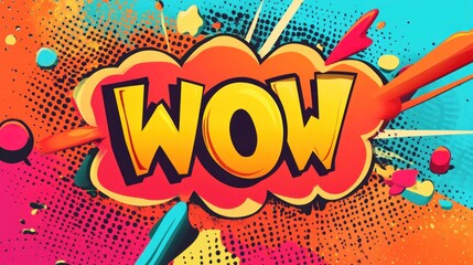 A vibrant comic book style graphic with the word WOW in a yellow 3D font against a red and blue background.