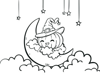 Printable Cute Halloween Pumpkin on a dreamy moon coloring page