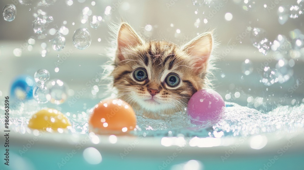 Poster a cute kitten playing with floating toys in a water-filled bathtub, with bubbles and water droplets 