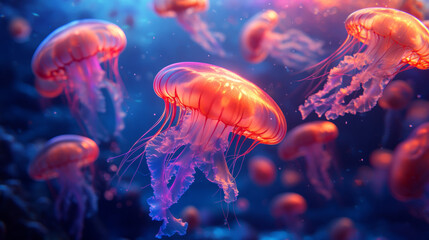 Fototapeta premium Glowing jellyfish swimming through bright, colorful underwater scene, creating mesmerizing display of light and movement. Their ethereal beauty captivates viewer