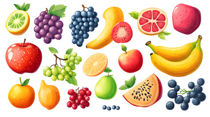 Bright cartoon-style illustration featuring an array of different fruits such as apples, bananas, watermelons, grapes, and berries. on white and Transparent Background