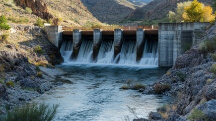 A dam's water intake structure with flowing water and surrounding rocky terrain, showcasing the engineering behind water collection and storage.
