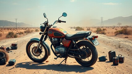A worn, sun-faded motorcycle slows to a stop on a dusty roadway, surrounded by scattered fuel cans and discarded bike parts, amidst a haze of exhaust fumes and desolate landscape.