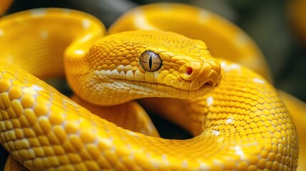Fototapeta premium Close up of a yellow snake with its eye and mouth open.